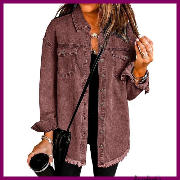 Oversized Denim Shacket with Button Front Frayed Hem and Pockets